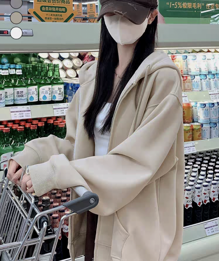 361-2-DQ杏色连帽净版加绒卫衣外套（85-140）