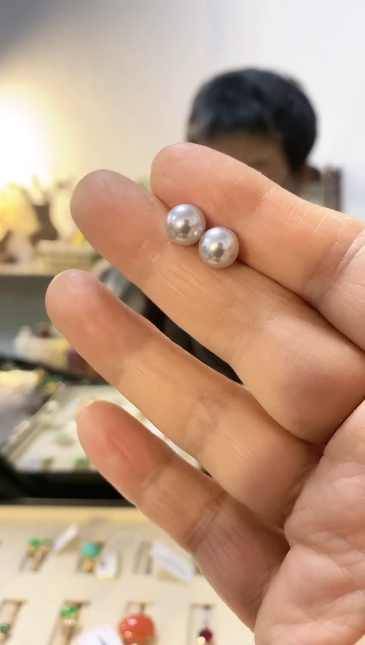 非金属925银仿珍珠灰色耳钉8mm