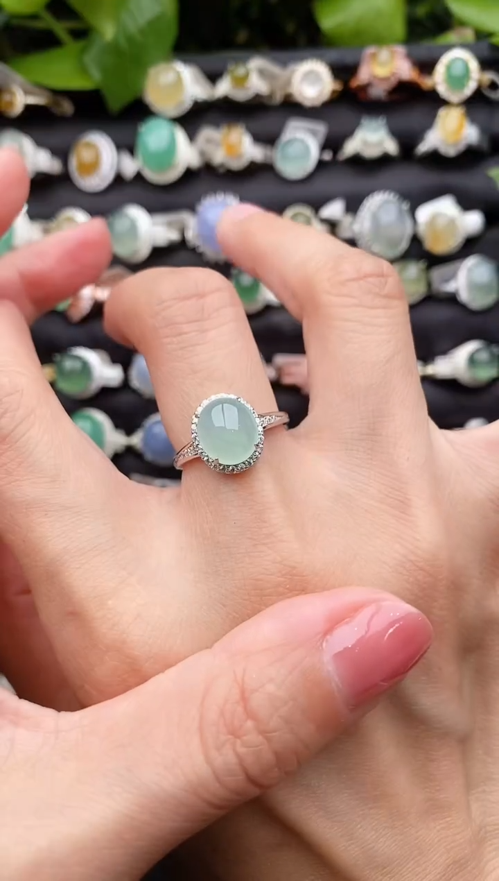 【闪购商品】翡翠戒指银S925镶嵌缅甸天然A货翡翠33  1-1