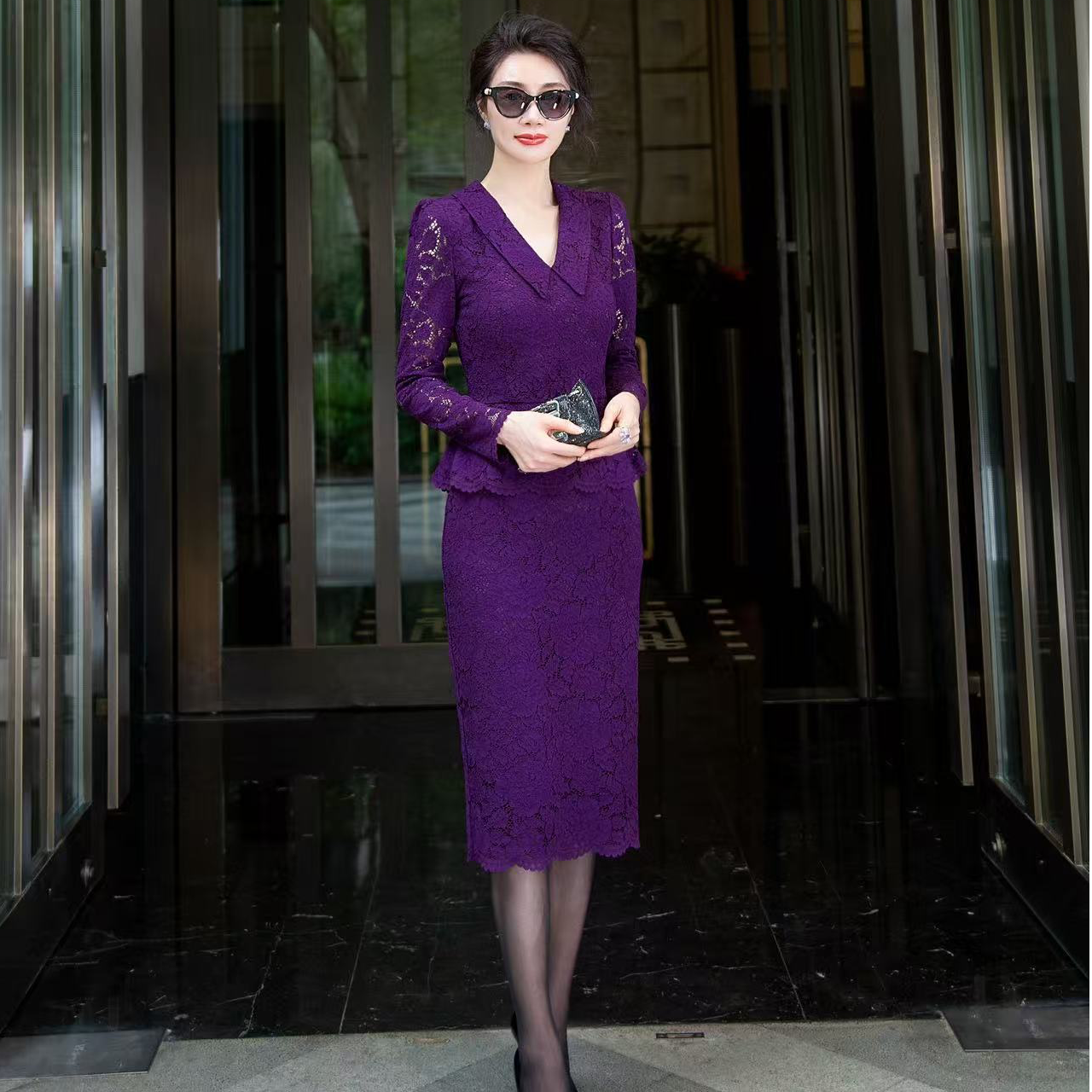 FS海妖紫塞纳鎏光翻领蕾丝连衣裙/FS-F25024