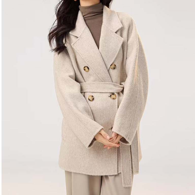25秋冬新款时尚系带双排扣赫本风双面毛呢大衣B2339