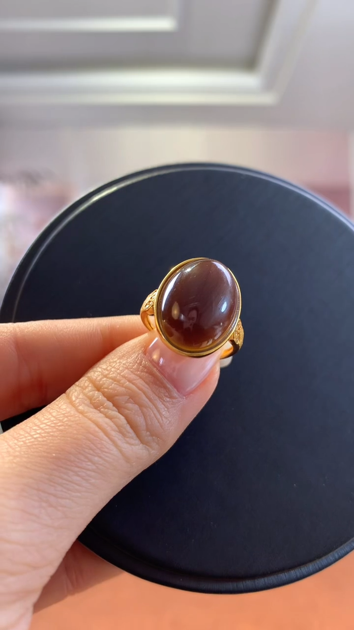 银S925镶嵌和田玉挂件且末金山红糖蛋面戒指