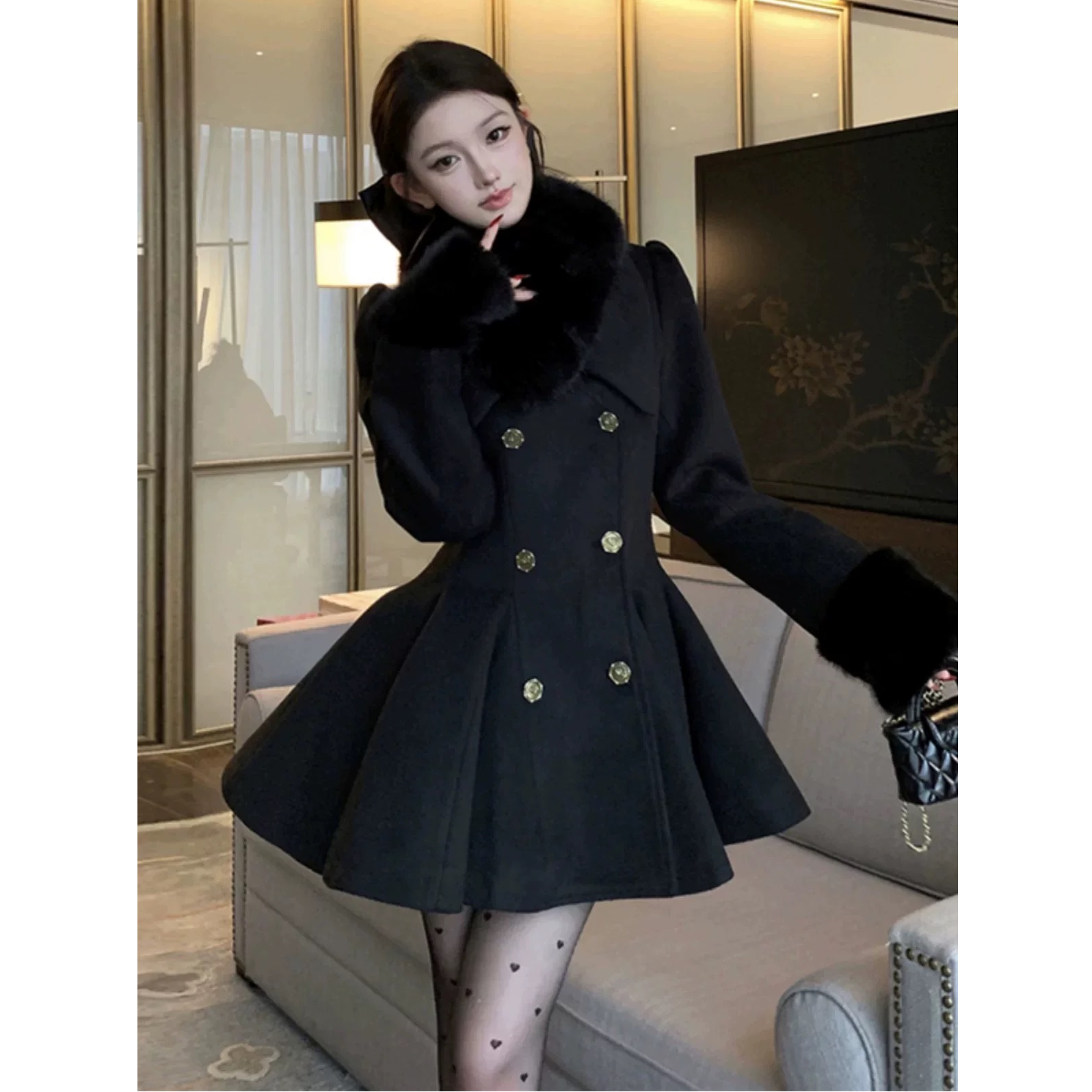 秋冬掐腰修身显瘦毛呢大衣甜美气质百搭富家千金加厚毛领呢子外套