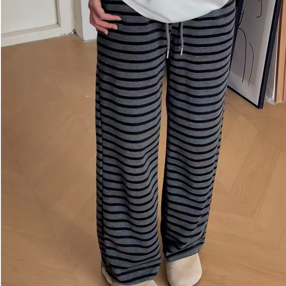 慵懒条纹裤子阔腿高腰裤女宽松显瘦2026新款休闲松紧春秋季休闲裤