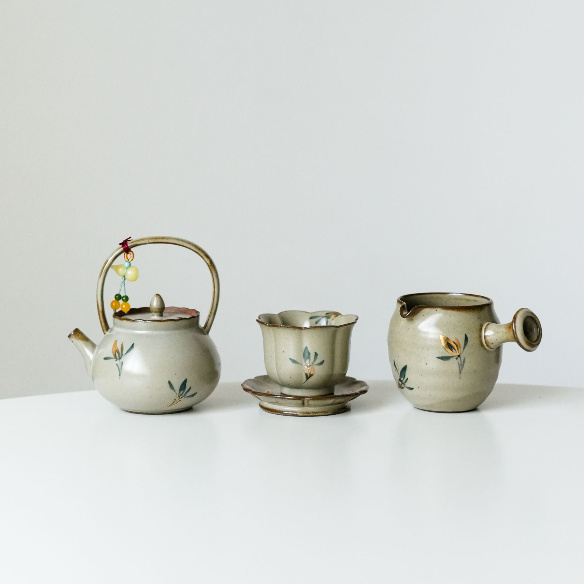 德白仿古描金纯手绘蝴蝶兰花岚风提梁壶小套装茶壶泡茶家用茶具