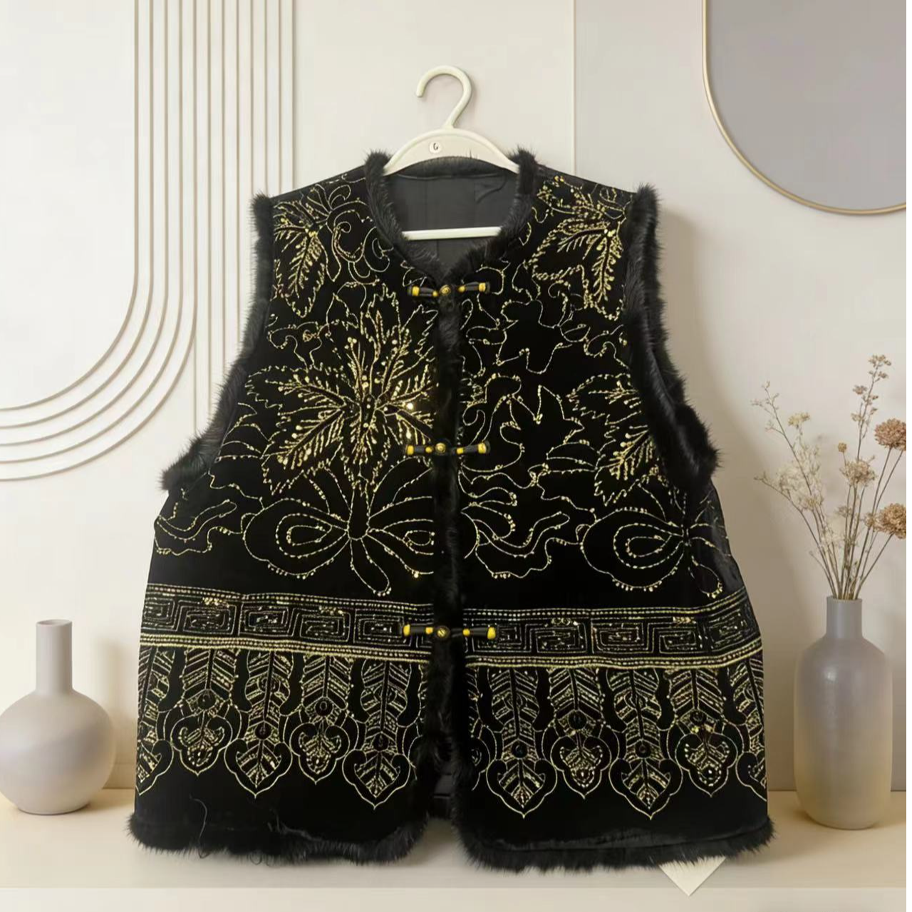 9821复古马夹黑色中国风一字领绣花极简风时尚圆领提花