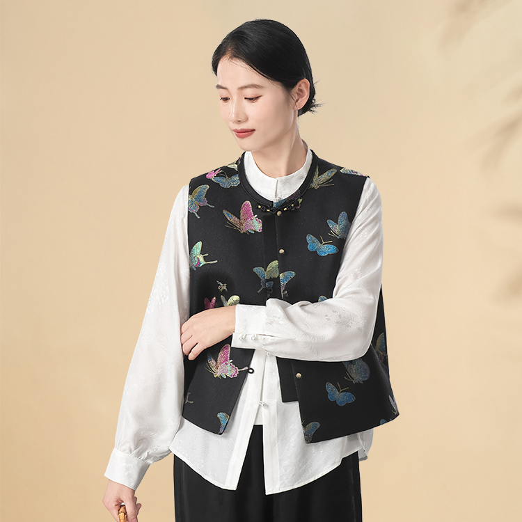 枕水人家宋锦高端国风改良非遗汉服女士背心蚕丝马甲盘扣无袖上衣