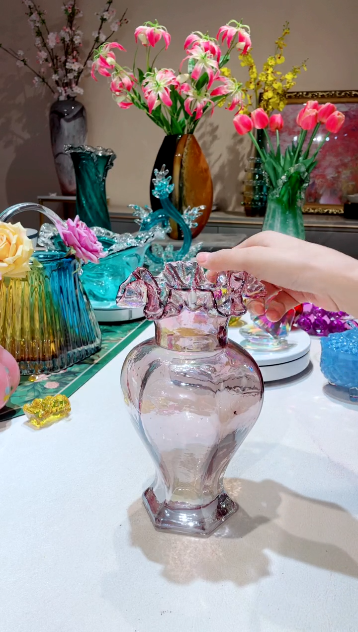 【闪购商品】琉璃手工艺品高款紫色透明芬顿花瓶 微瑕