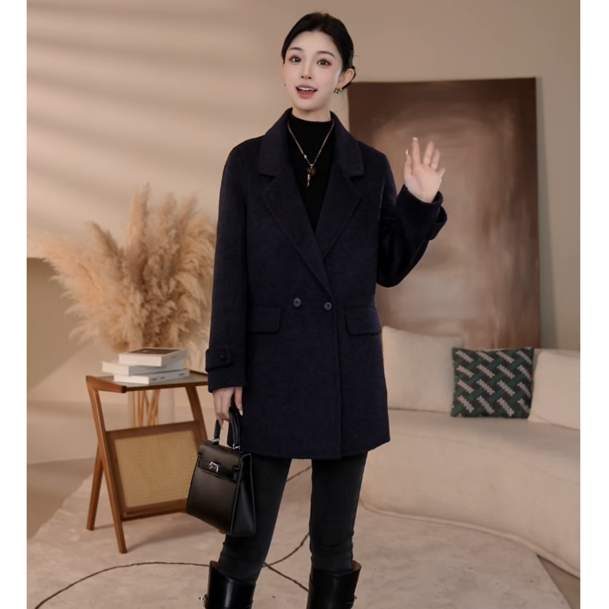 【曼贝】深墨蓝外套百搭女士羊绒绵羊毛中长款大衣8584038A【珮珮】