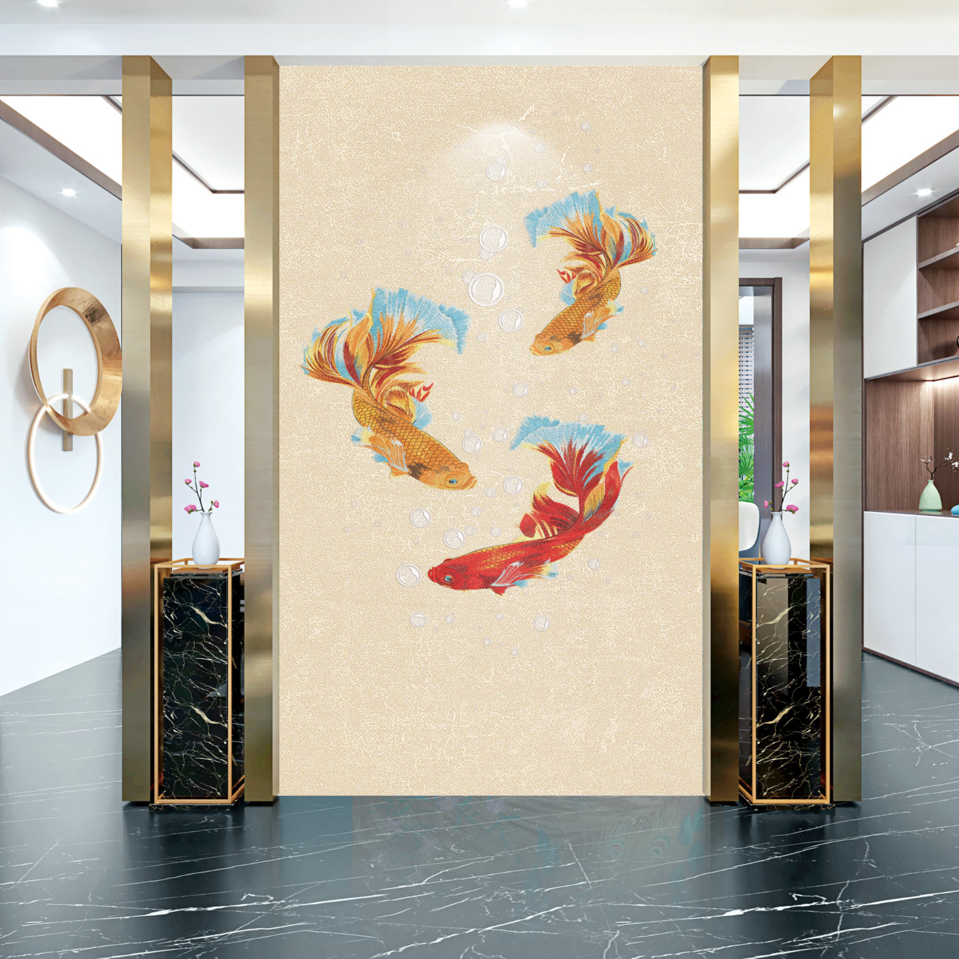独绣刺绣无缝壁布独秀现代中式客厅玄关独秀背景墙布新中式金鱼