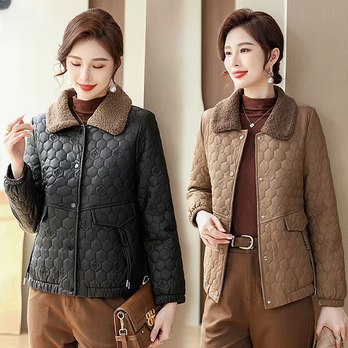 1220-洋气翻领拼接保暖短款中老年女装时尚外套