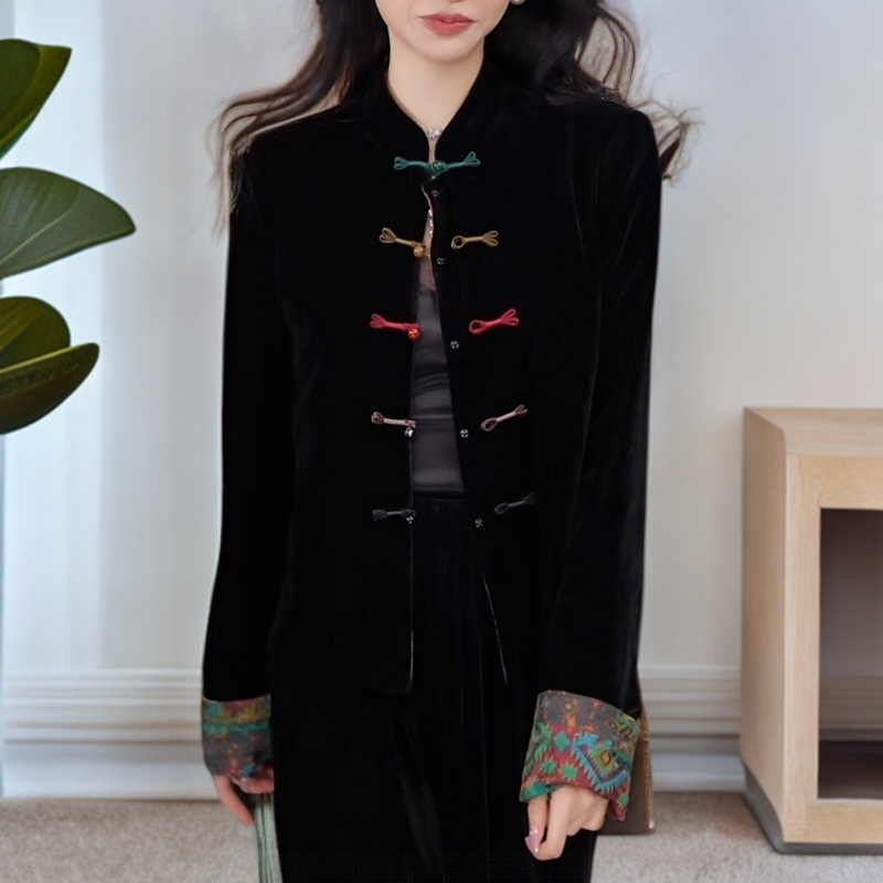 新中式国风印花盘扣黑色丝绒外套女2025新款气质百搭老钱风女装