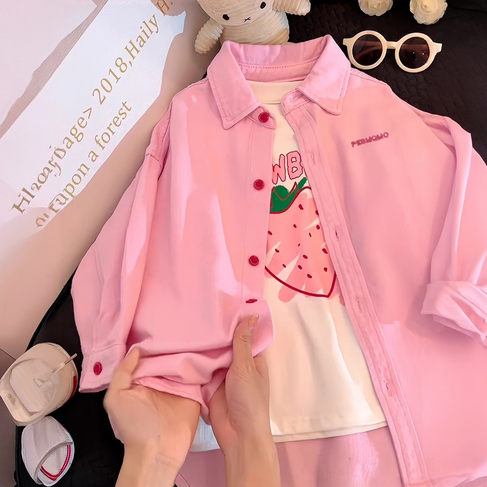  春秋女童休闲外套洋气女大童粉色牛仔衬衫儿童韩范潮衣男女同款