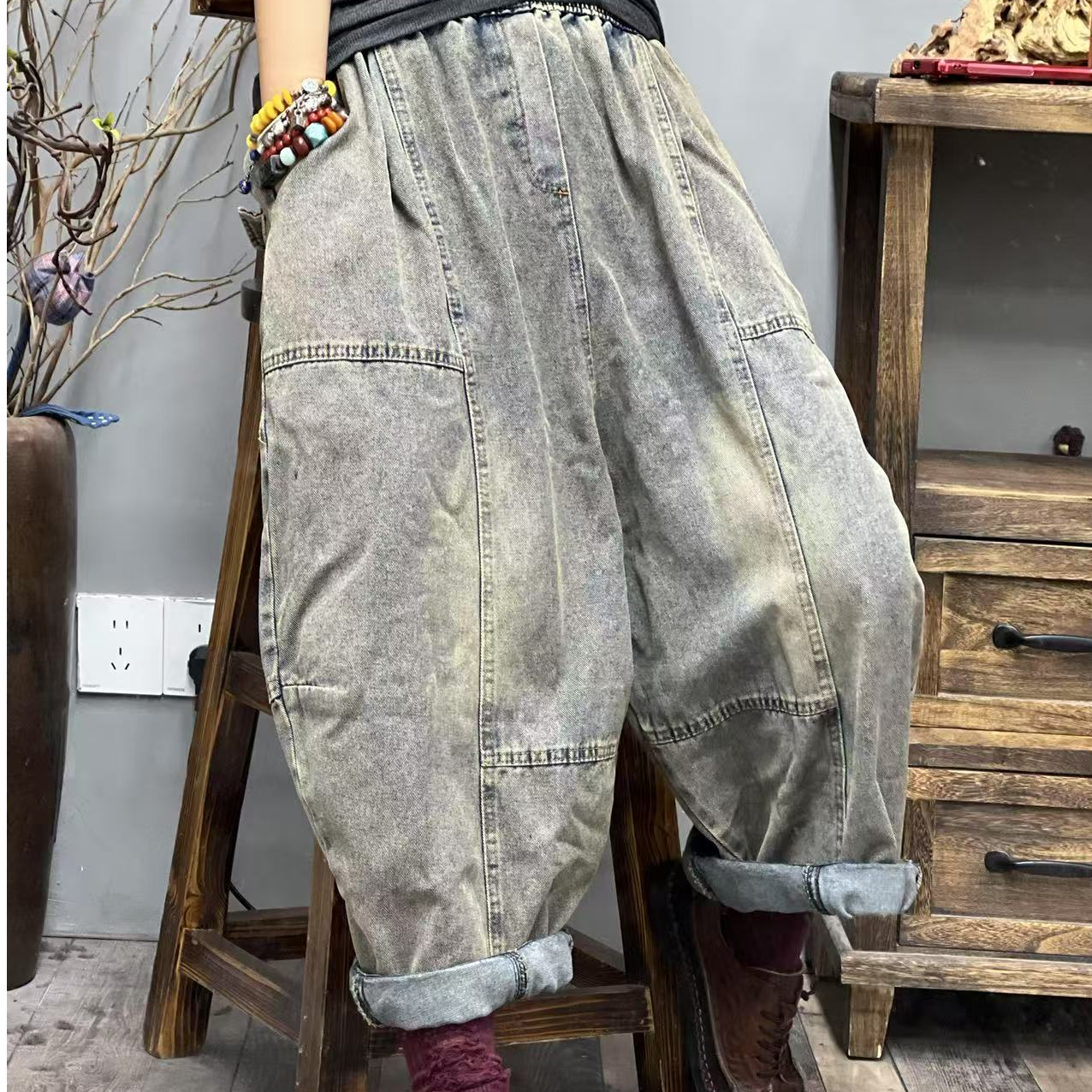 XJ 春季新品洗水怀旧文艺百搭女士牛仔裤 臀围136长82