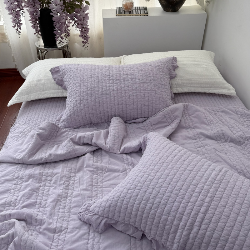 （云纱）韩版风绗缝花边款高端砂洗酵素印染绗缝床盖枕套多功能被套