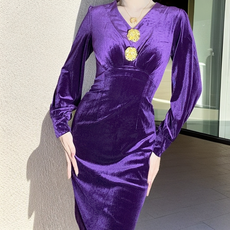 【Fiona原创】紫色跨年新款短款显瘦显气色连衣裙