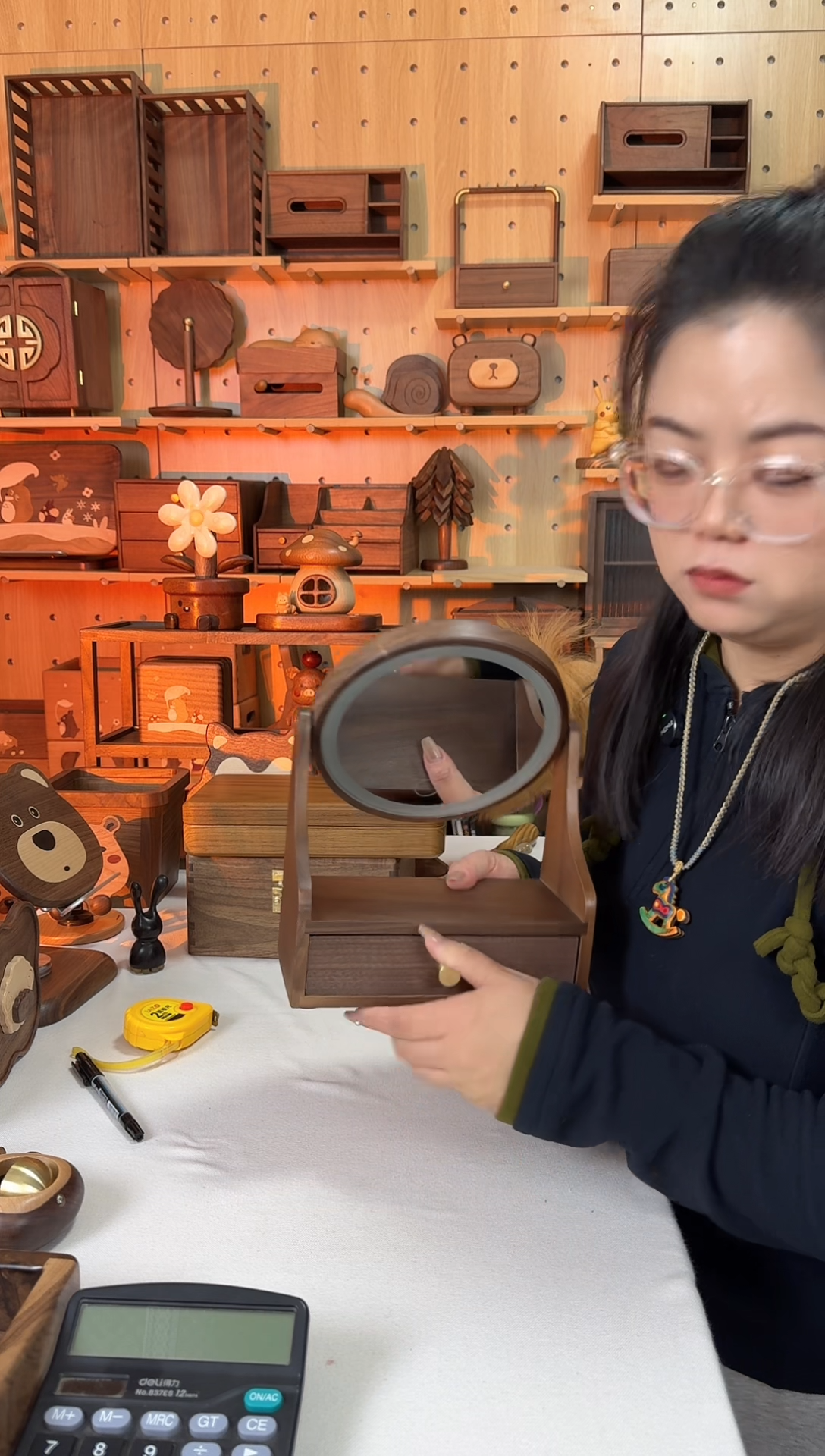 木北美黑胡桃圆形带灯抽屉化妆镜