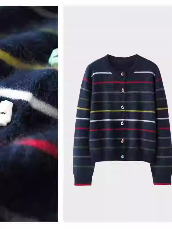 萌萌家/国货老P~康赛妮真正Y纱100%山羊绒拉绒毛衣彩虹条纹开衫