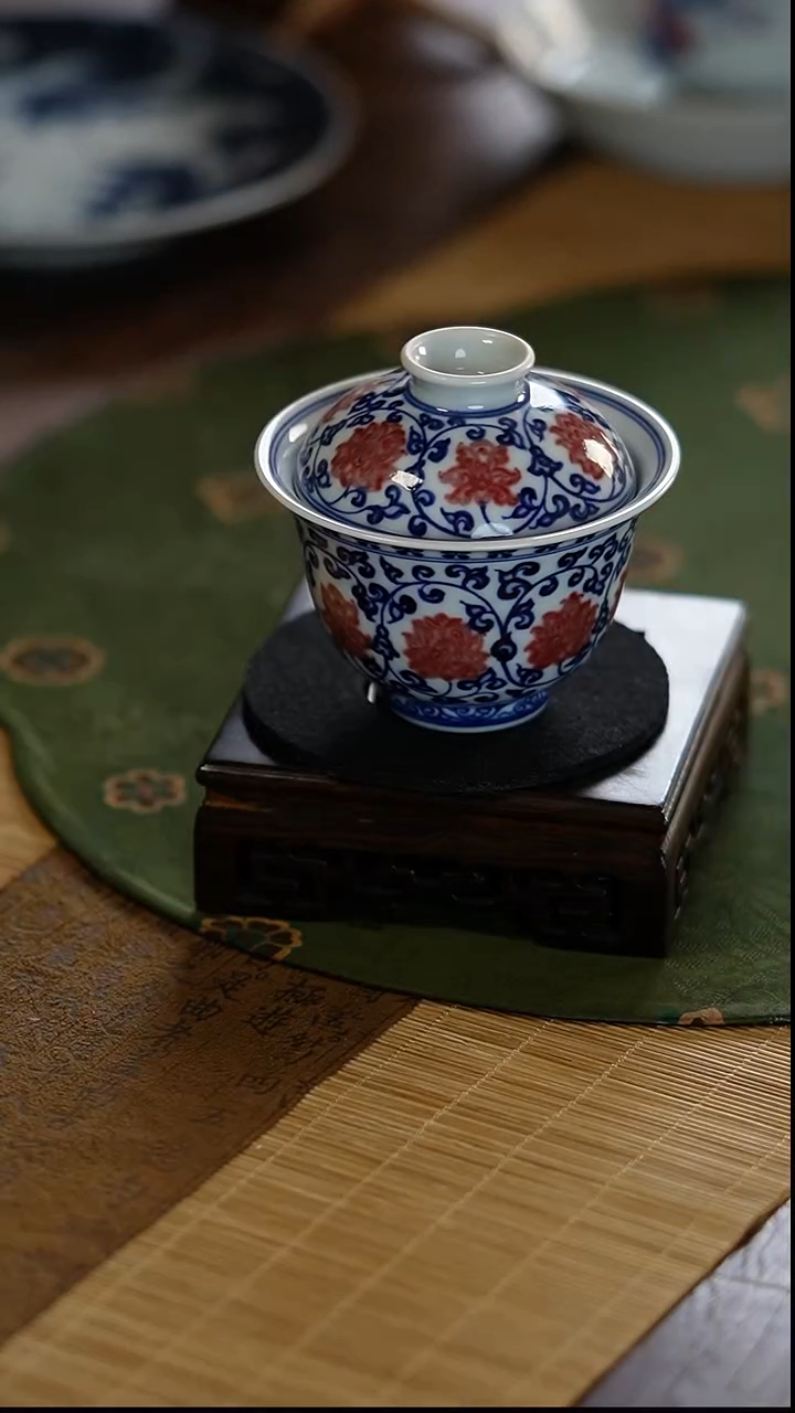瓷景德镇陶瓷茶器釉里红盖碗