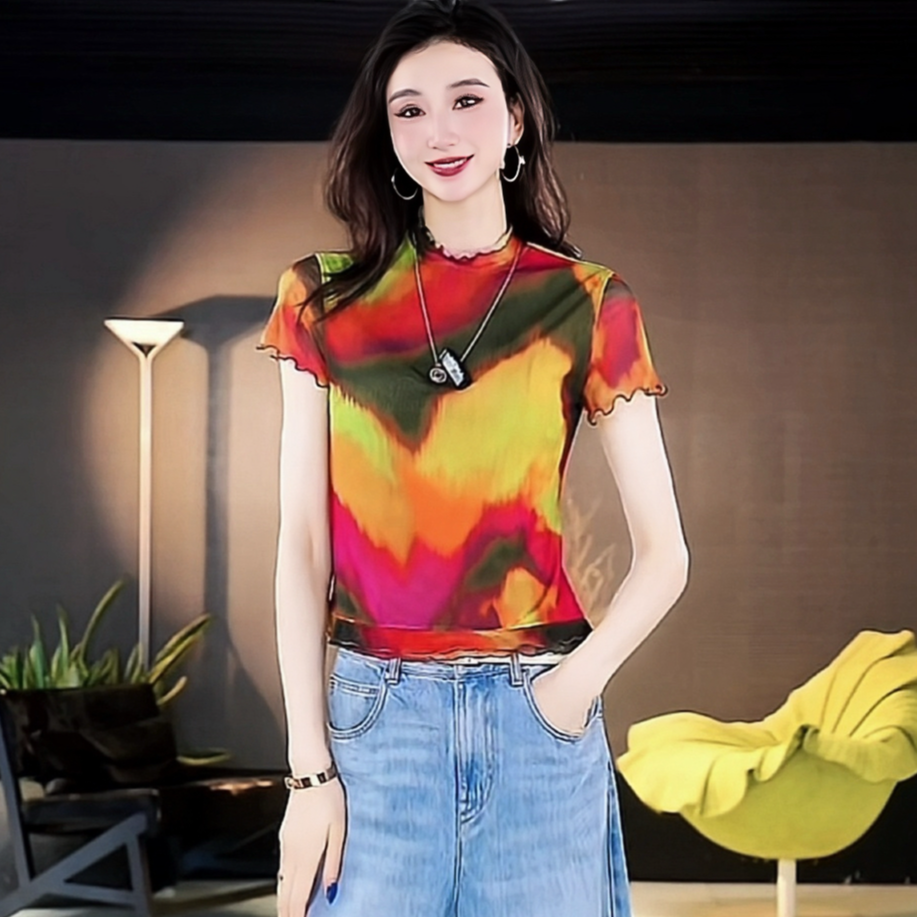 阿玛施AMASS新款时尚春夏千金风短袖修身简约小立领上衣T恤530063