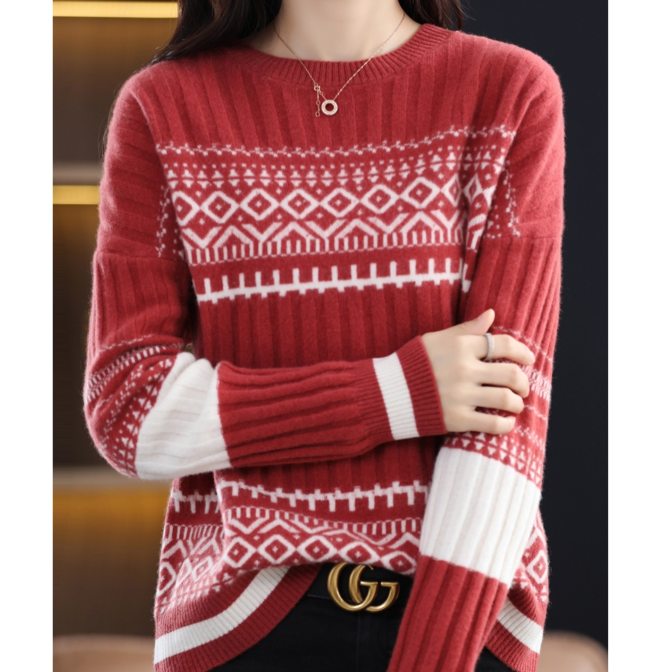 涵玖玥【100羊毛】民族风撞色长袖圆领高级感上衣泡07-810