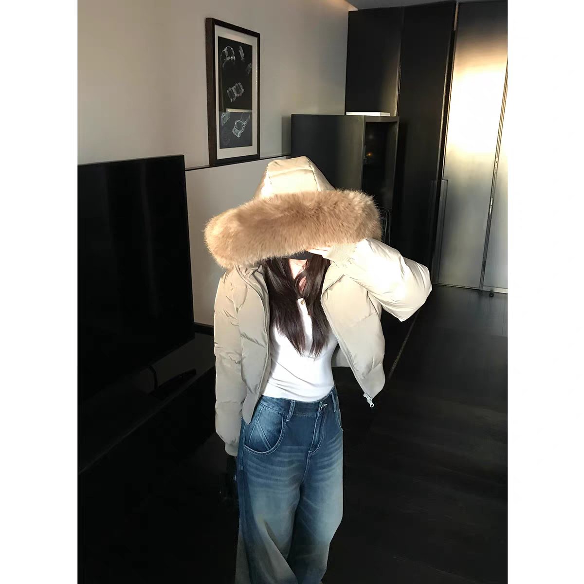 (有运费补贴）洋气兰韩里韩气学院风毛领连帽短款棉服外套女装