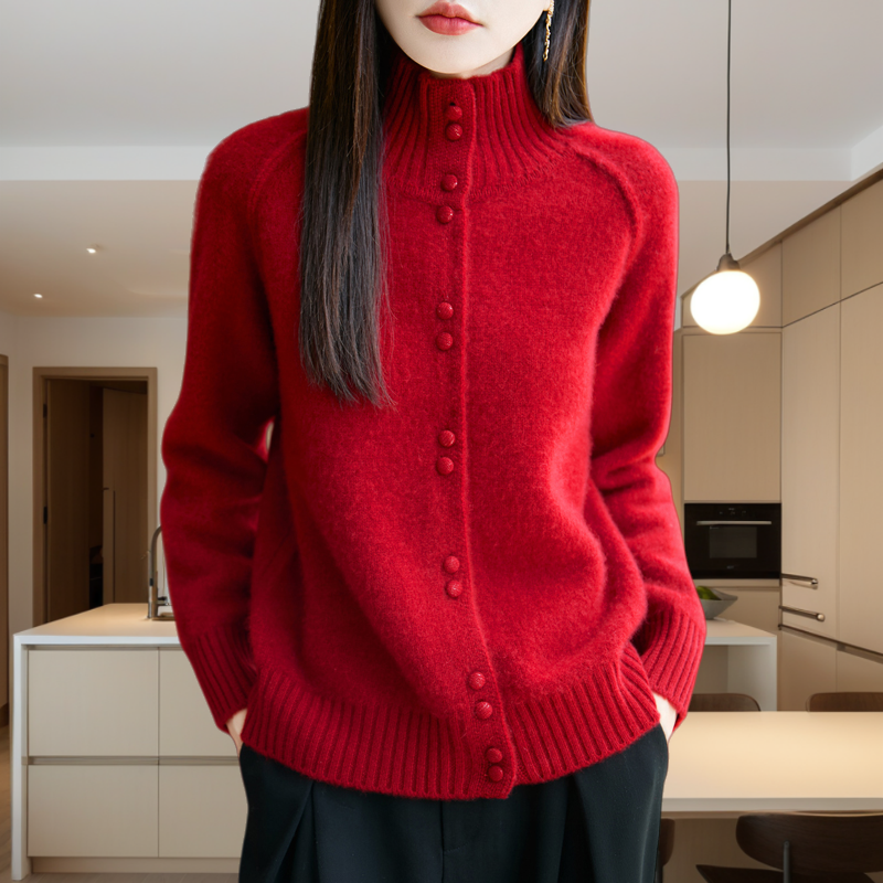 爆款纯羊毛衫女春秋新款宽松翻领针织开衫纯色羊绒衫外套毛衣加厚