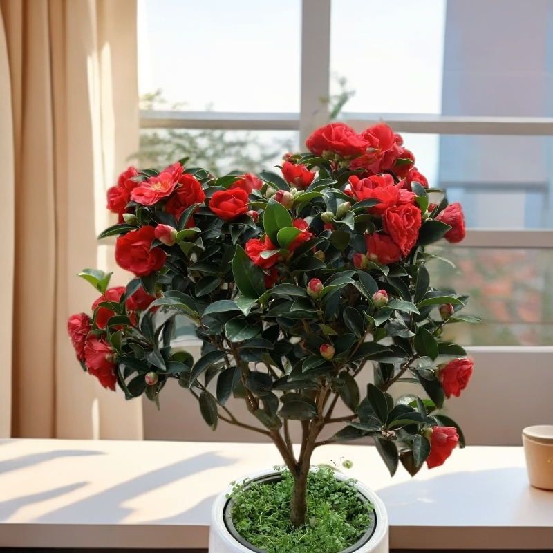 【四季茶花】高度90~1米/四季大红色/观赏精选花卉室内盆栽（带花苞）