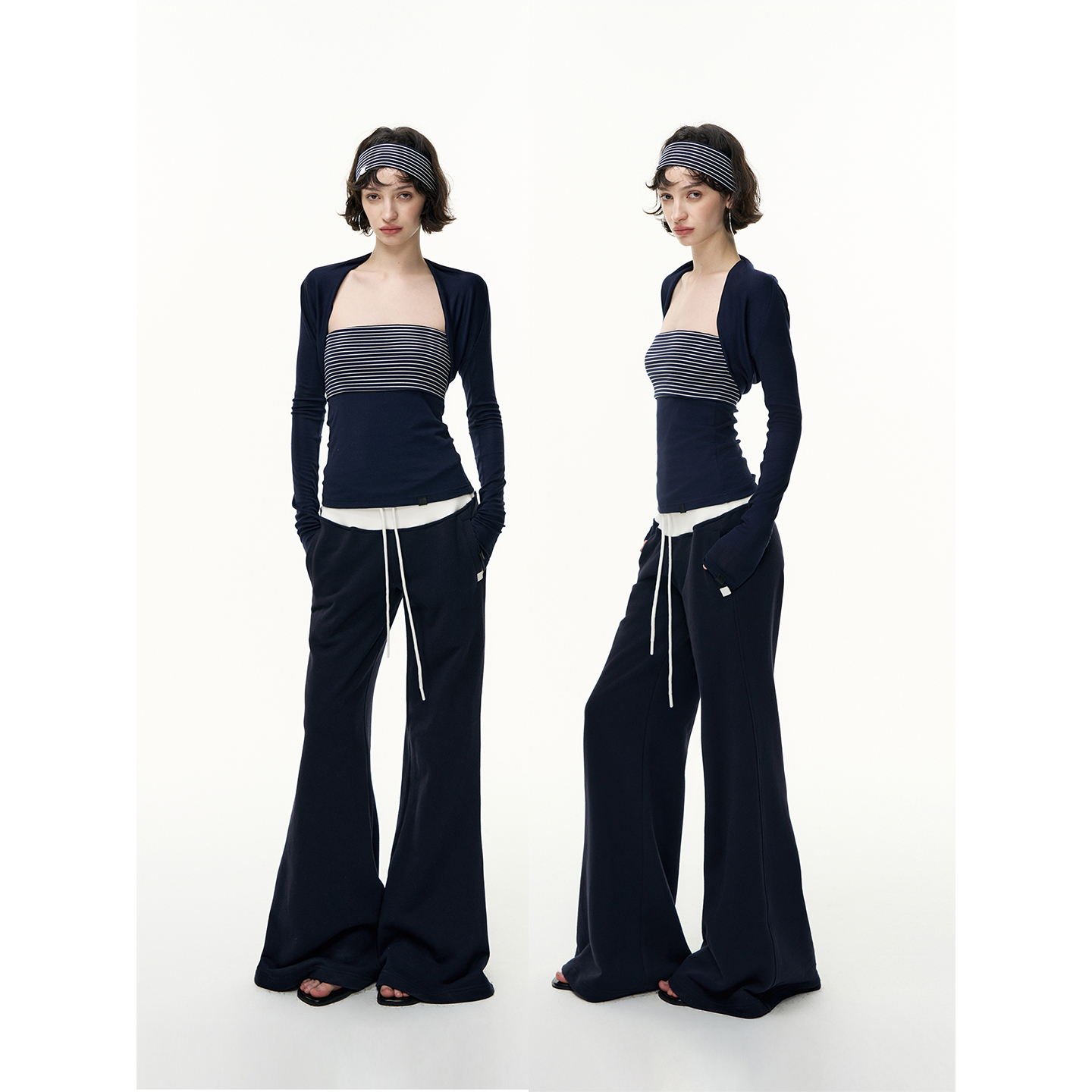 SALTHe盐茶*重磅抽绳喇叭卫裤女宽腰撞色罗纹低腰拖地休闲裤