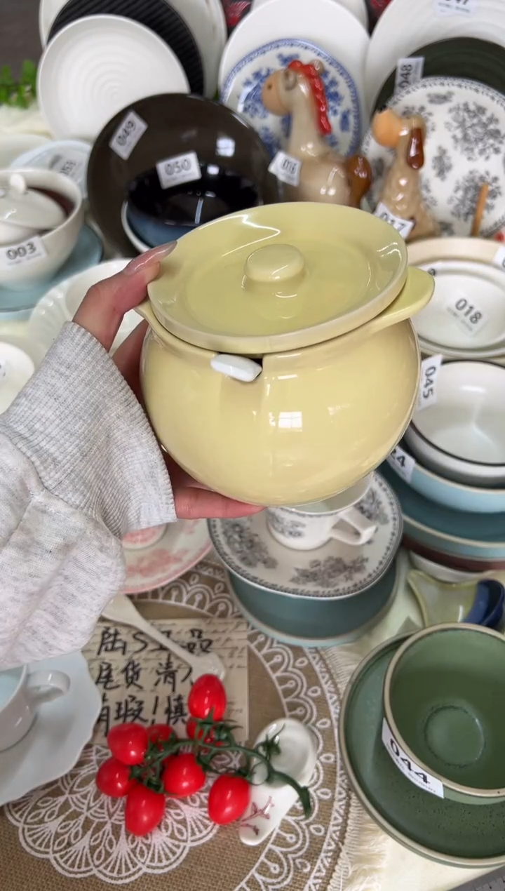 新骨瓷063瑕疵 奶油黄 小号 猪油罐 500ml