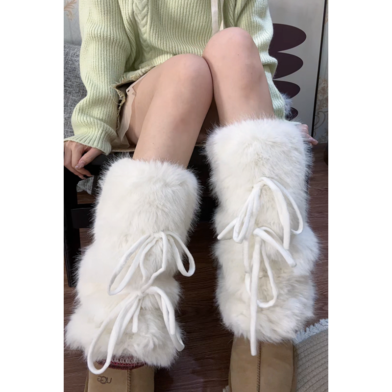 {叠叠腿袜}毛绒腿套女秋冬款 设计感白色蝴蝶结保暖