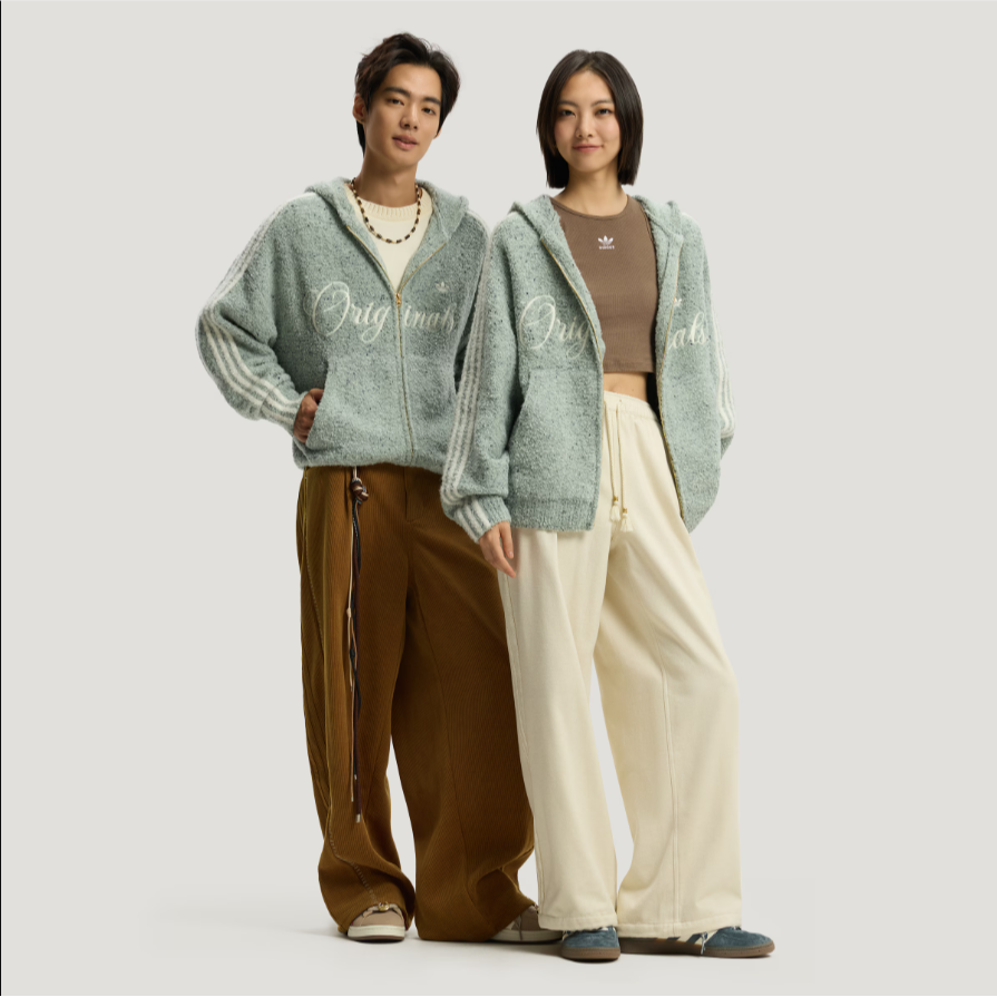 Adidas三叶草「新年款」男女同款针织绒面运动连帽夹克外套 KT0717