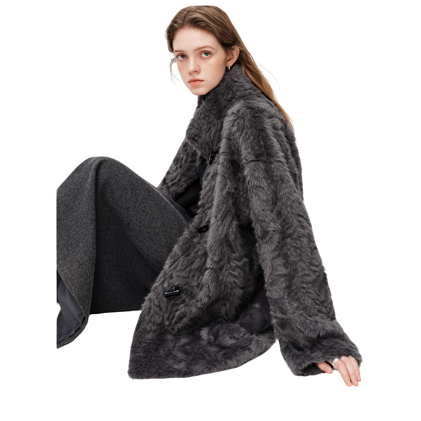 范思蓝恩学院风一手长仿羊毛皮草立领牛角扣短外套女25FS14584