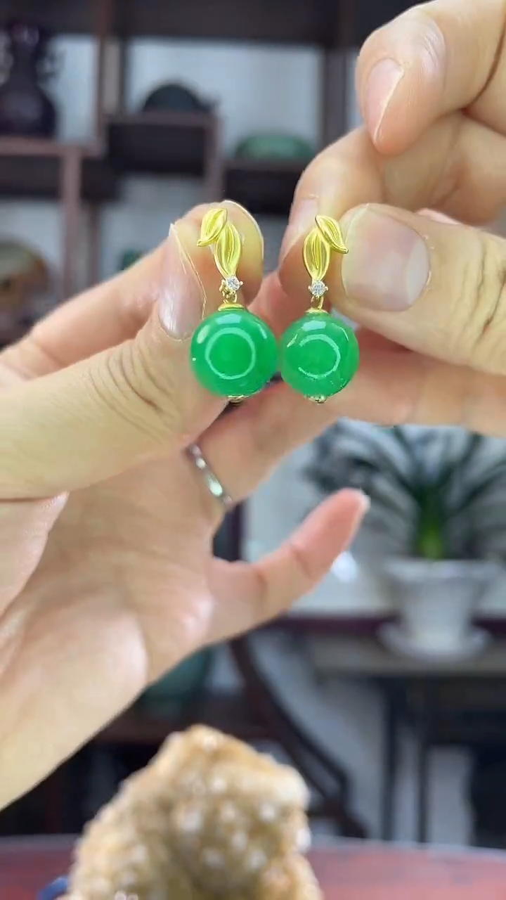 银S925镶嵌翡翠耳环珠珠耳环