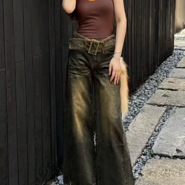 【衣香丽尔】小众牛仔裤女秋款韩系高腰显瘦废土风牛仔裤长裤