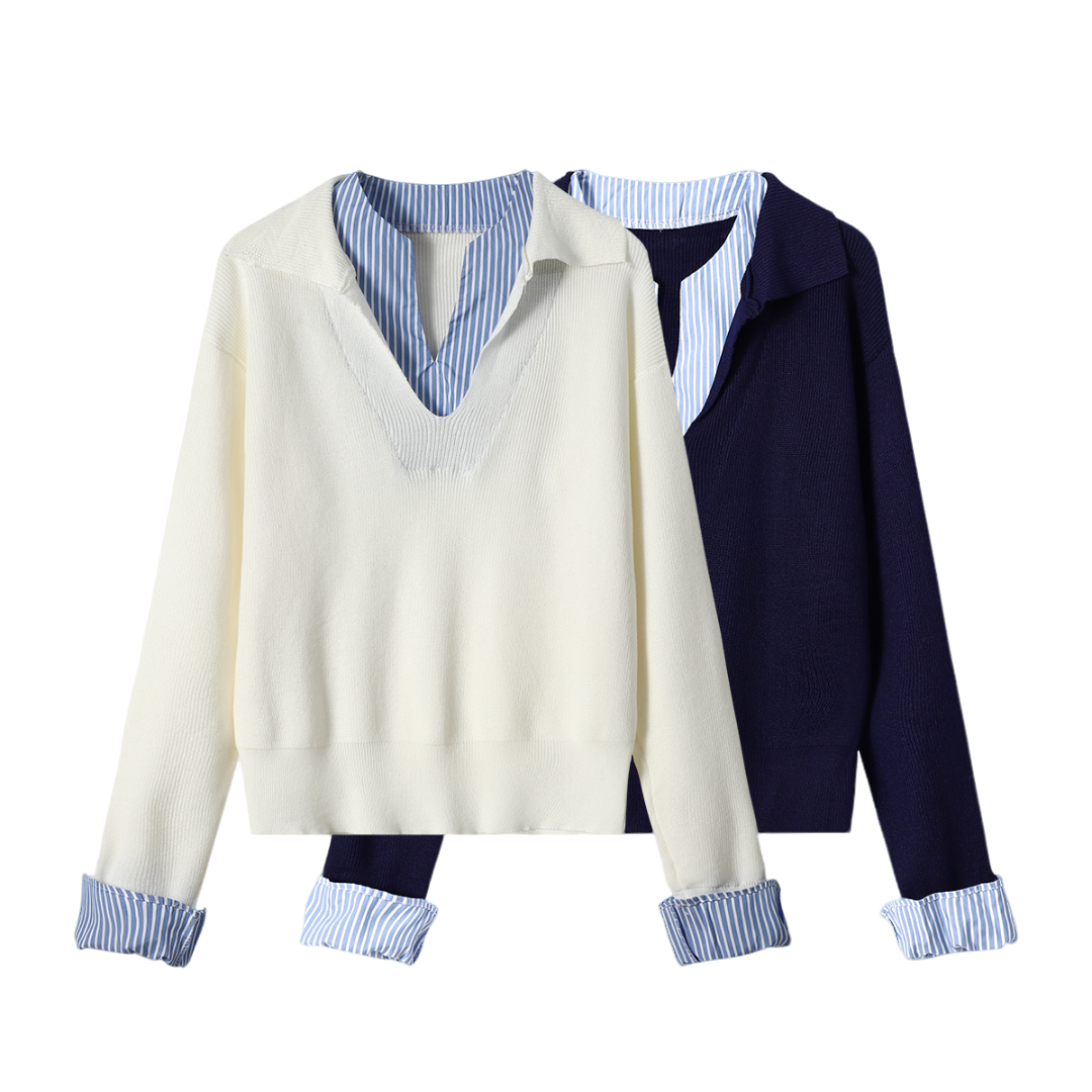 G690松弛感时髦撞色假两件拼接大码针织衫女秋冬季设计感宽松上衣