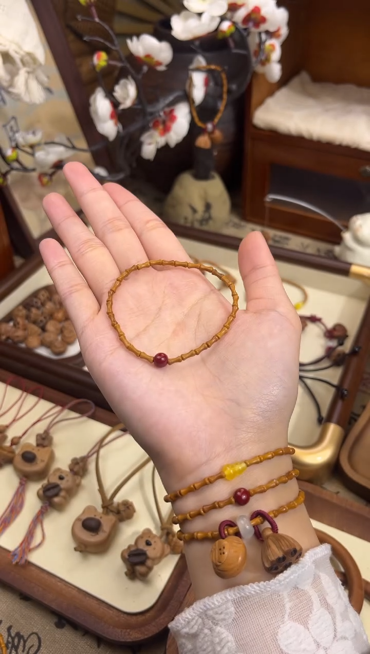 手串桃核【桃缘行】竹节「红色莎莎」桃木桃核辟、挡、驱、护 备注手围
