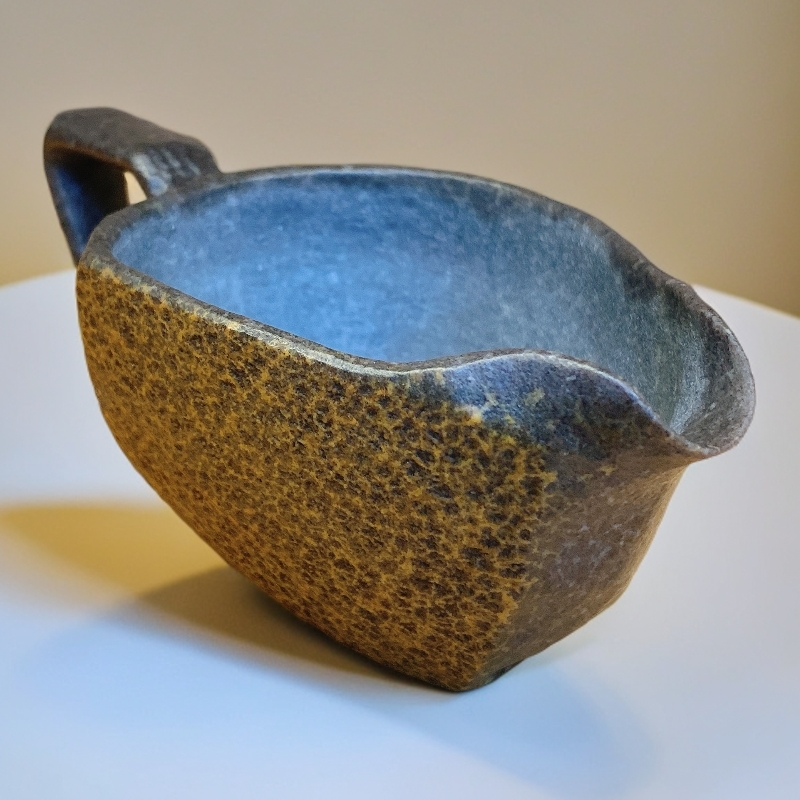 150cc天然冰碛岩黄豹纹公道杯高档手工雕刻原皮精工许俊伟作品