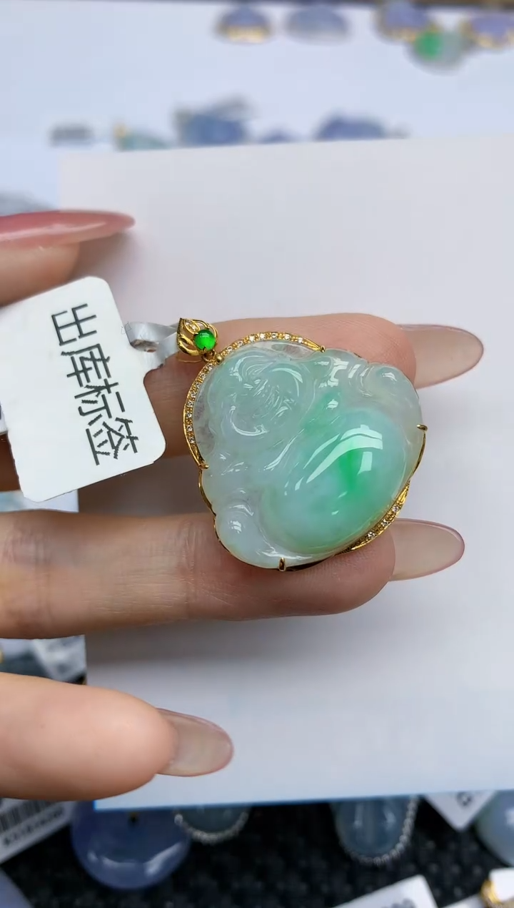 【闪购商品】翡翠挂件18K金镶嵌天然翡翠A货