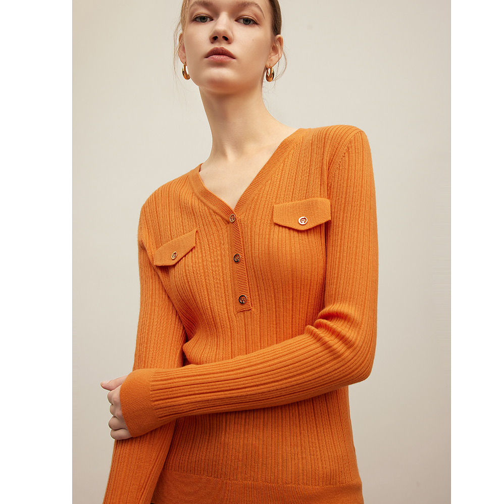 修身显瘦绵羊毛针织衫女秋季V领百搭亲肤舒适套头衫Y733302781