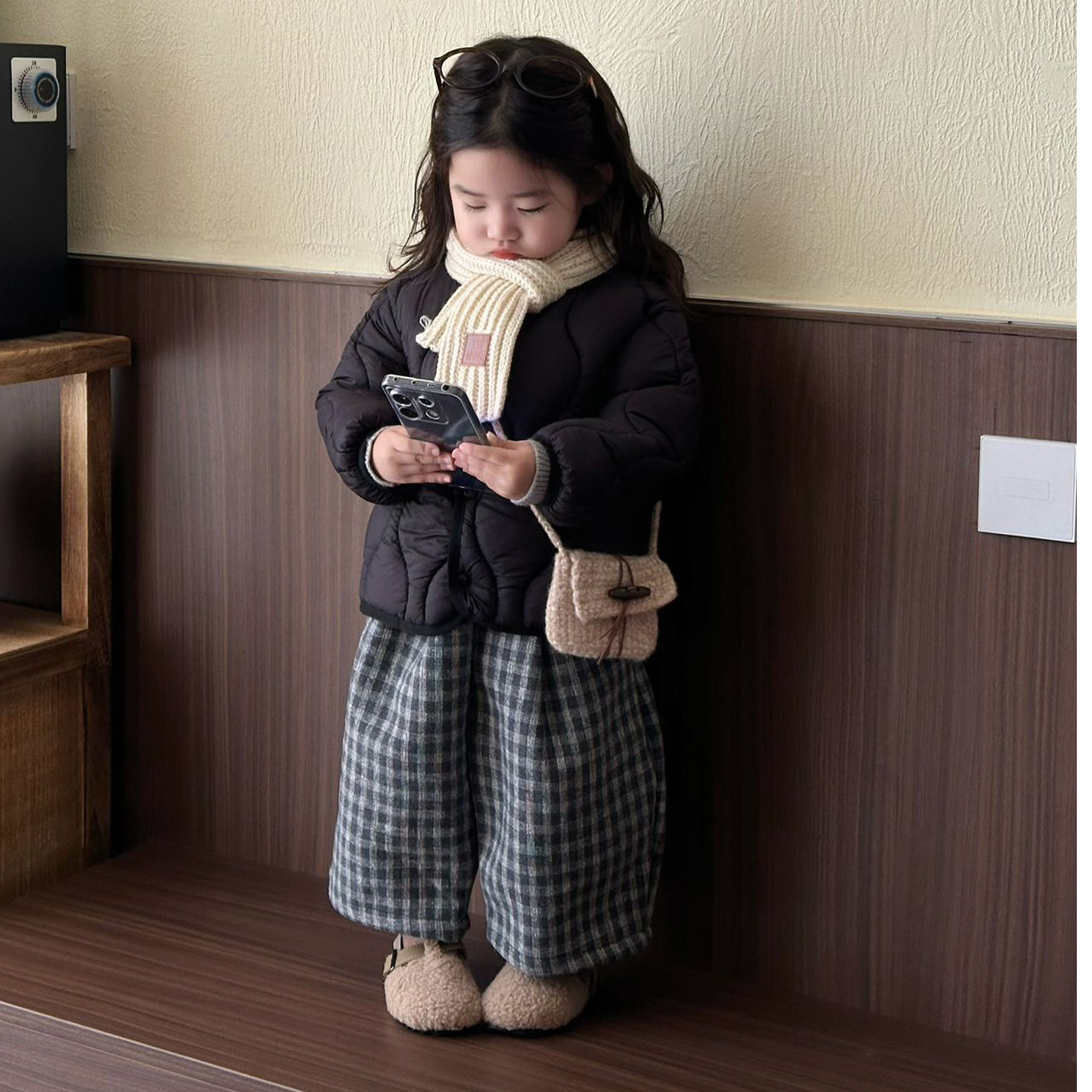 女童薄棉外套春秋男童休闲风套装小童秋季常规款格子阔腿裤秋冬