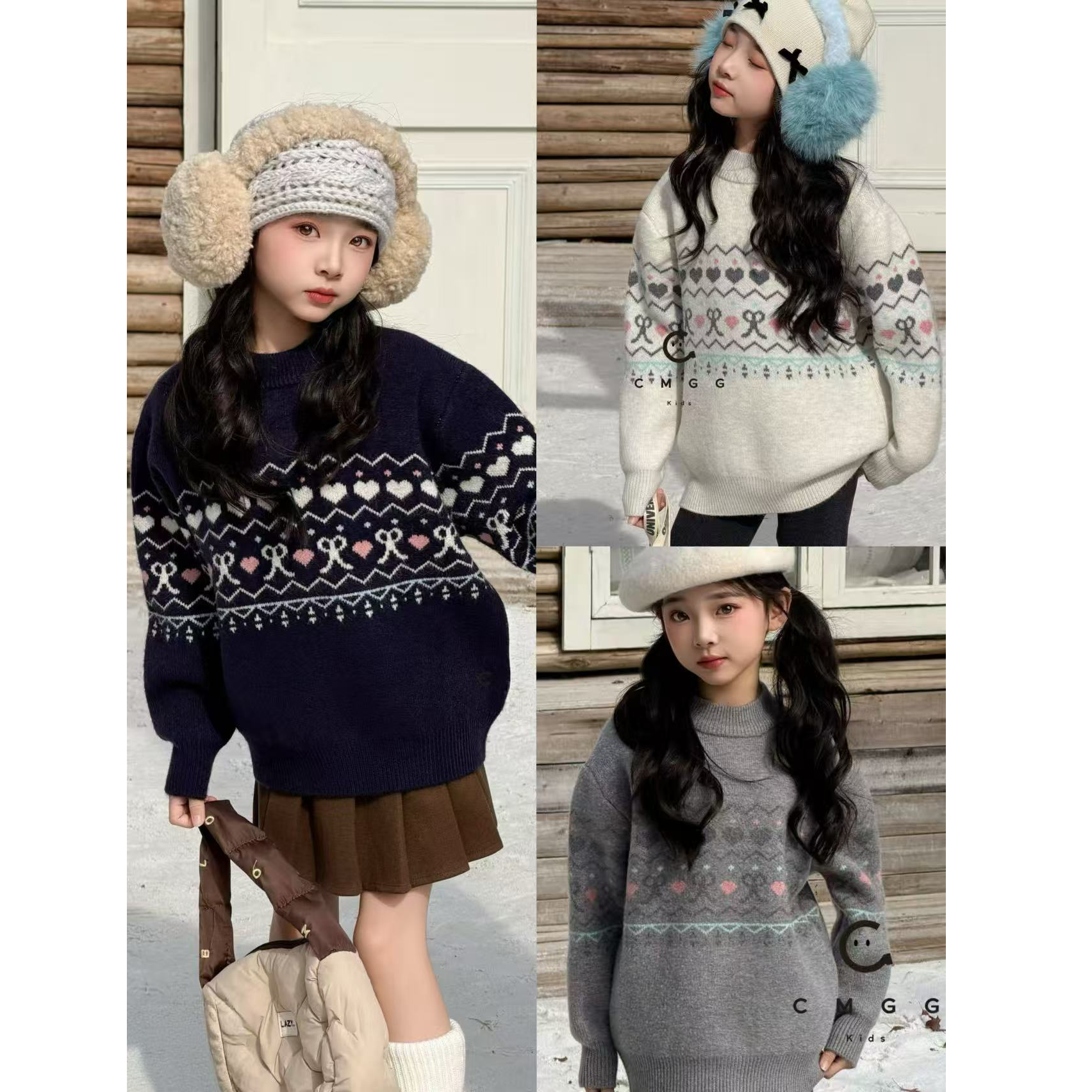 2025冬『费尔岛』女童洋气加绒爱心花纹羊毛休闲针织毛衣85007
