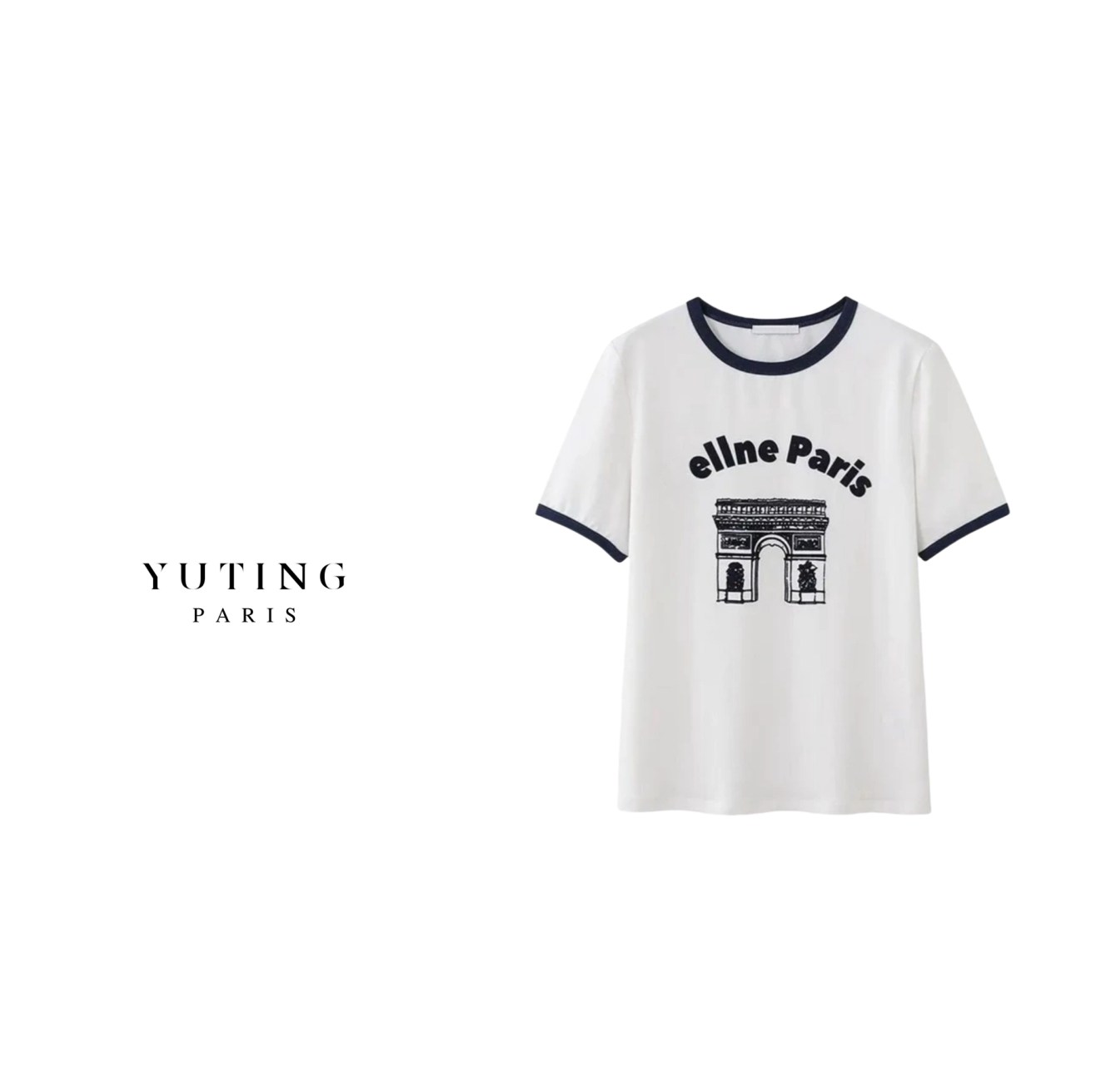 YT 25SS夏季新款胸前凯旋门植绒字母装饰撞色圆领短袖T恤女 