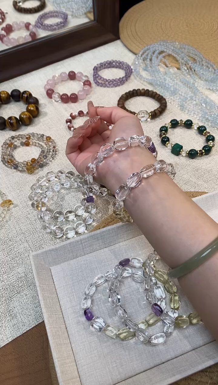 合金手链水晶《彩虹》白水晶黄晶紫晶糖豆设计手串9+重多样性发一