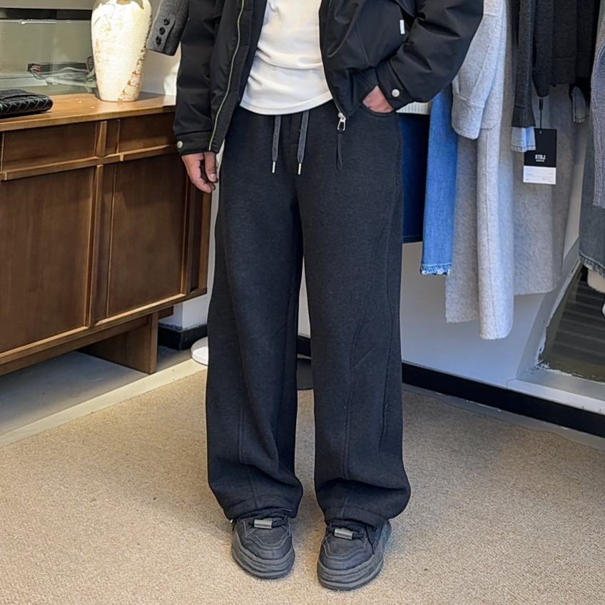 前夫哥同款【男士一条过冬长毛弯刀裤】加绒松紧腰裤脚抽绳男裤2577