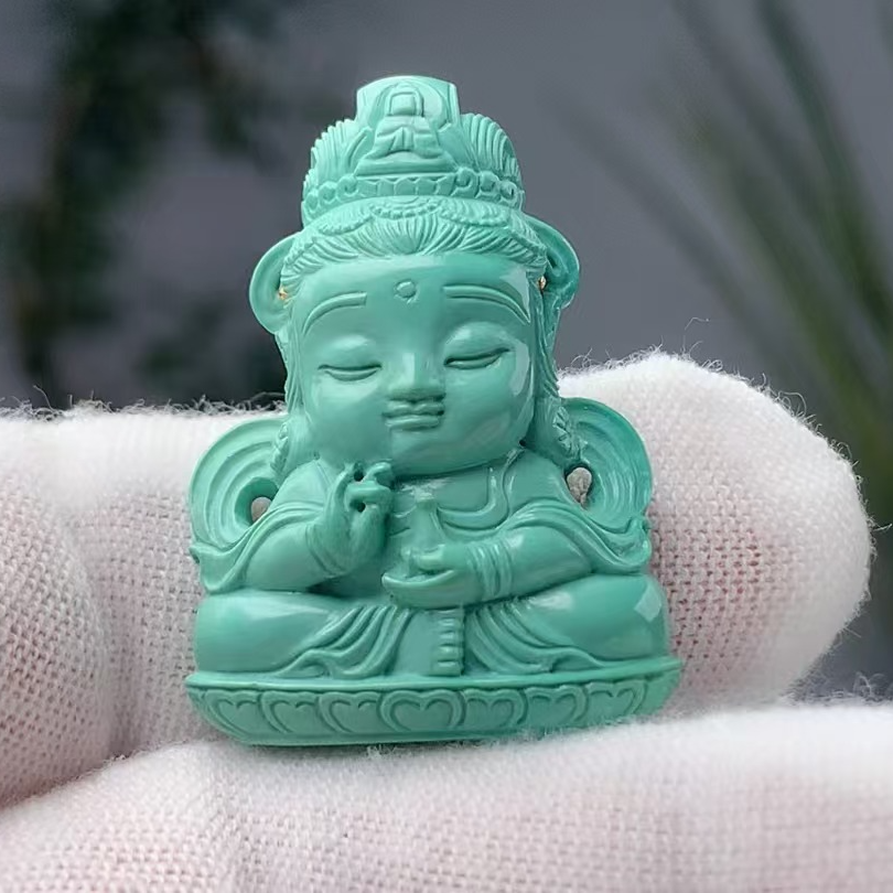 天然原矿绿松石精工雕刻飘带观音挂坠吊坠手工财神爷精雕立体