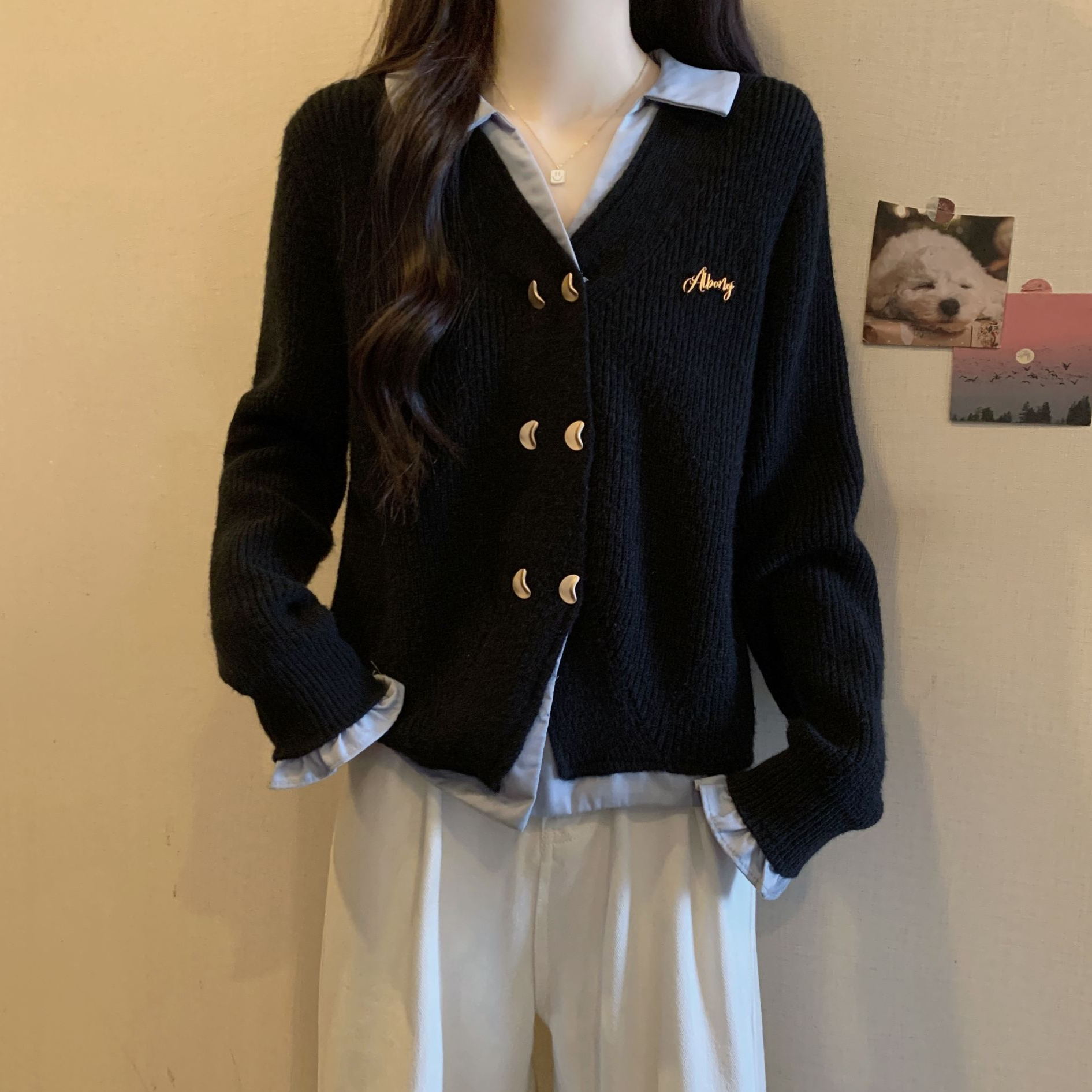 大码假两件拼接POLO领毛衣女秋冬胖MM宽松显瘦百搭洋气长袖针织衫