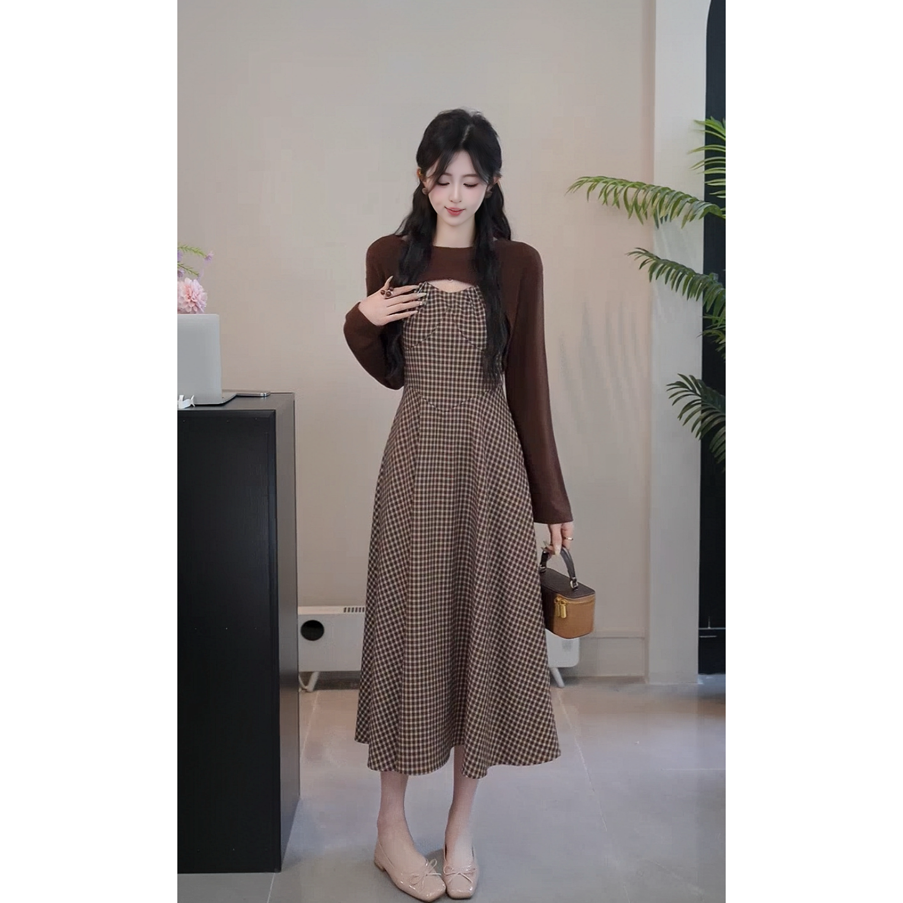 YUANLIANSU/圆脸酥【桃花引春】法式显瘦罩衫+吊带裙两件套女装秋季