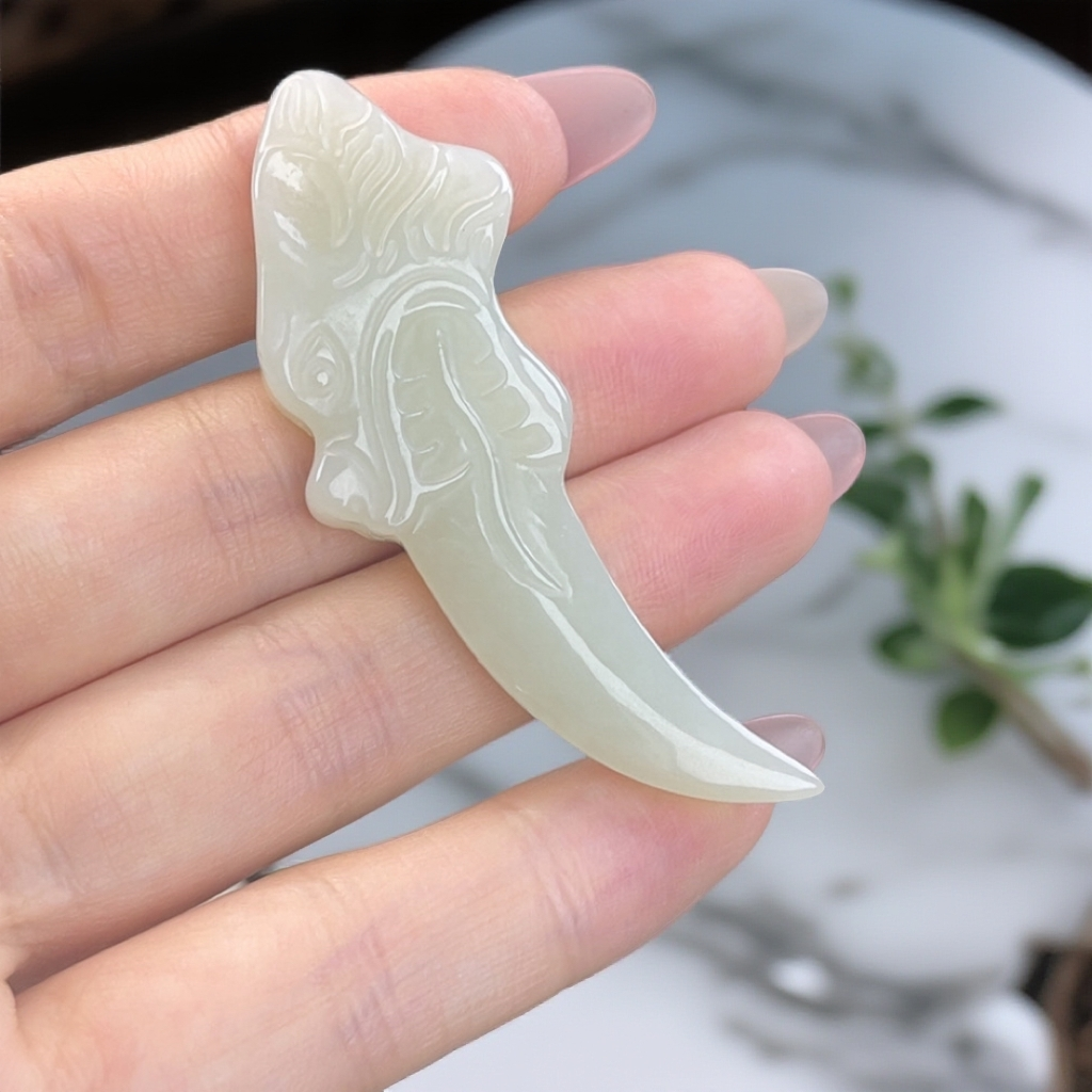 和田玉龙牙双面雕刻