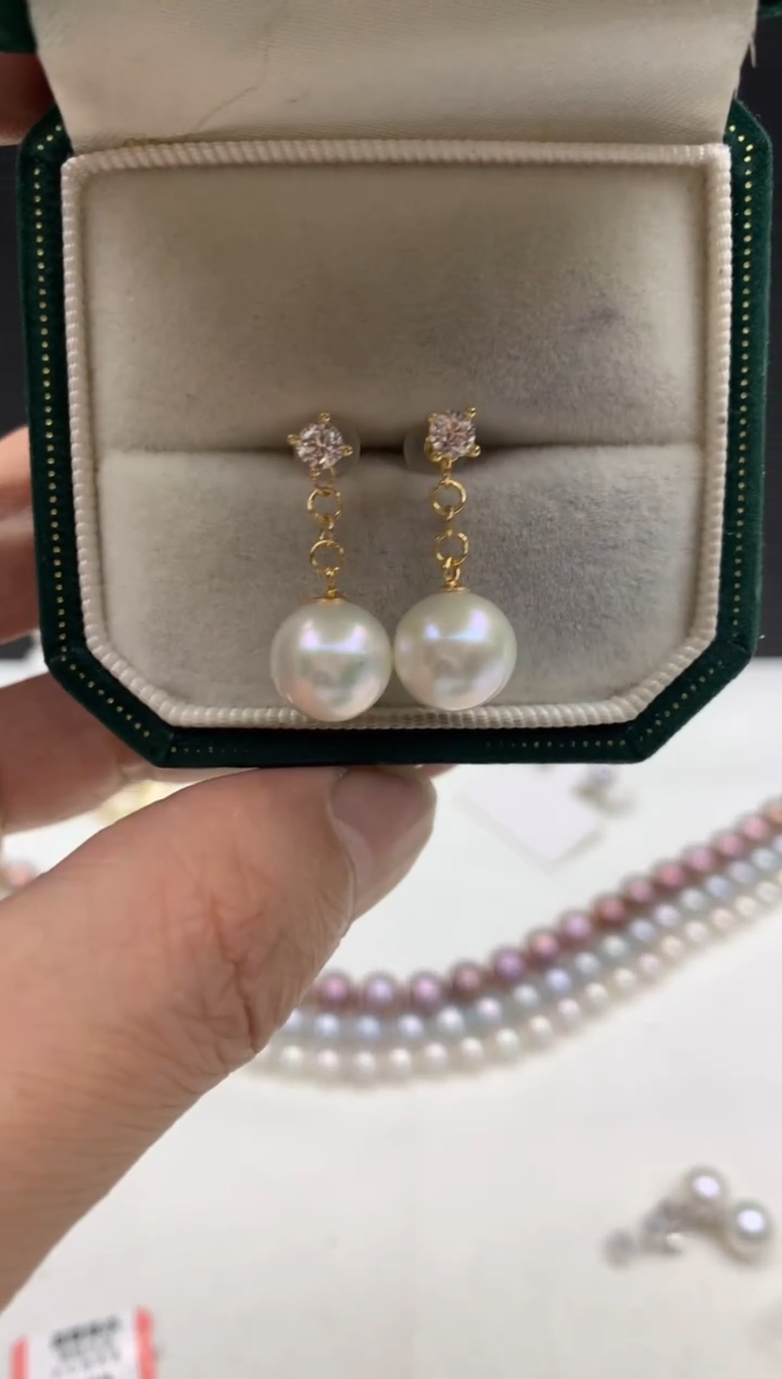 银S925镶嵌ff淡水珍珠白珠耳饰10mm